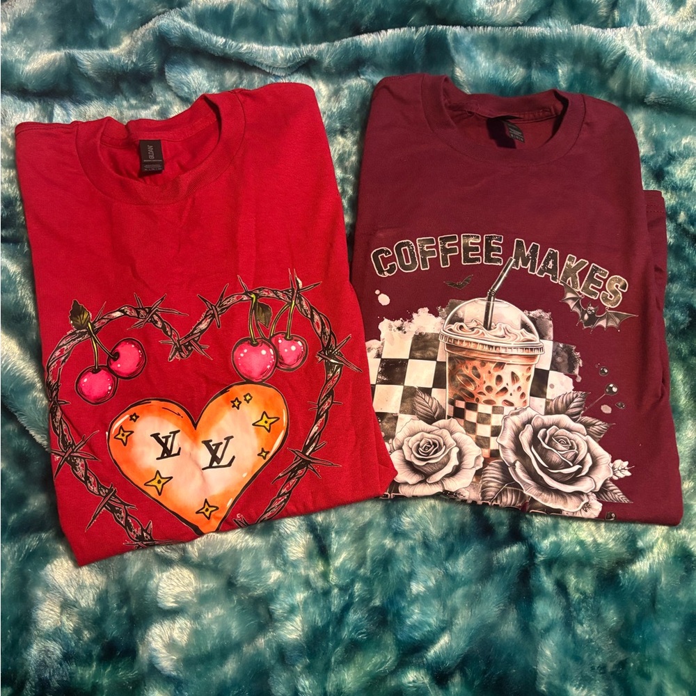 Red Graphic T-Shirts with Heart and Coffee Designs